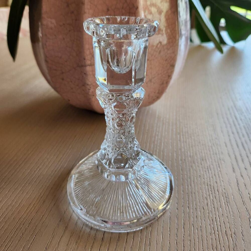 Clear pressed thick glass candlestick candle holder Victorian 90s vintage 6.5"